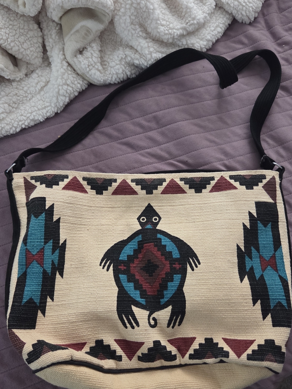 Boho Turtle Print Canvas Crossbody Bag - Cream & Teal